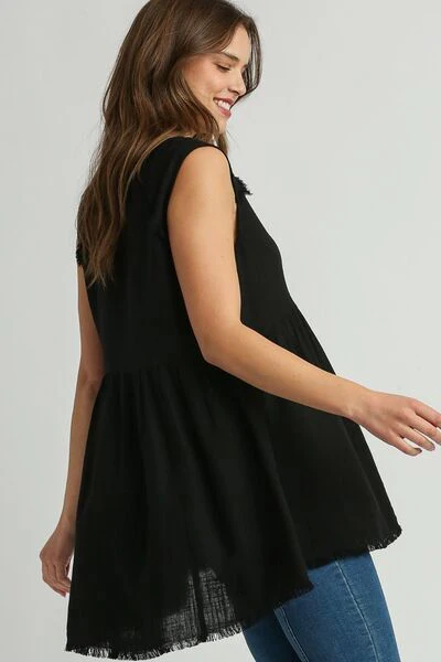 Umgee Full Size Raw Hem Linen Round Neck Sleeveless Top Plus Size - Image 3