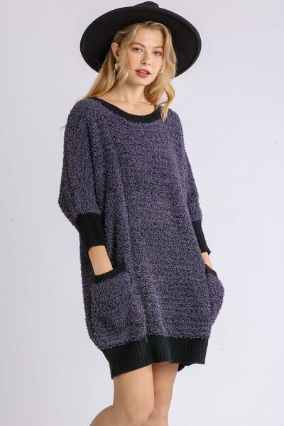 Umgee Full Size Ribbed Hem Round Neck 3/4 Sleeve Sweater Dress with Pockets Plus Size - Image 2