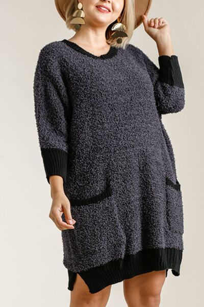 Umgee Full Size Ribbed Hem Round Neck 3/4 Sleeve Sweater Dress with Pockets Plus Size - Image 4