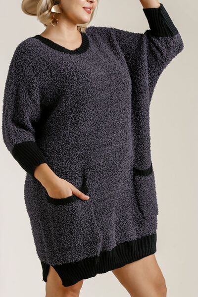 Umgee Full Size Ribbed Hem Round Neck 3/4 Sleeve Sweater Dress with Pockets Plus Size - Image 5