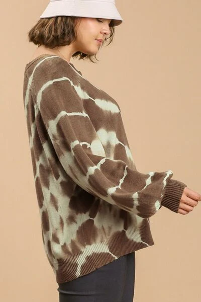 Umgee Full Size Ribbed Hem Tie Dye Round Neck Sweater Plus Size - Image 6