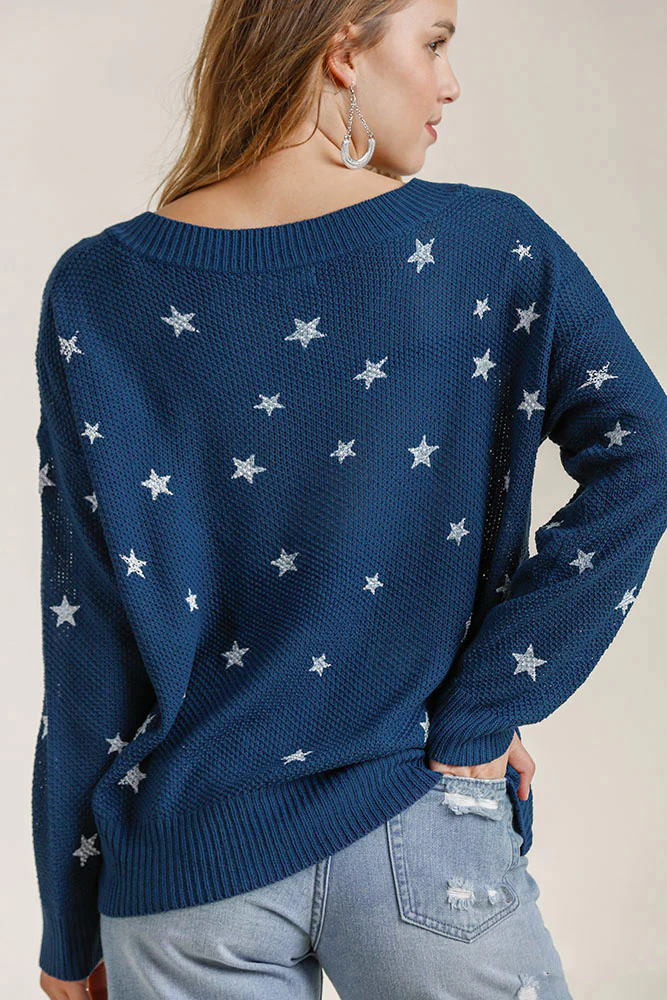 Umgee Full Size Star V-Neck Long Sleeve Sweater Plus Size - Image 2