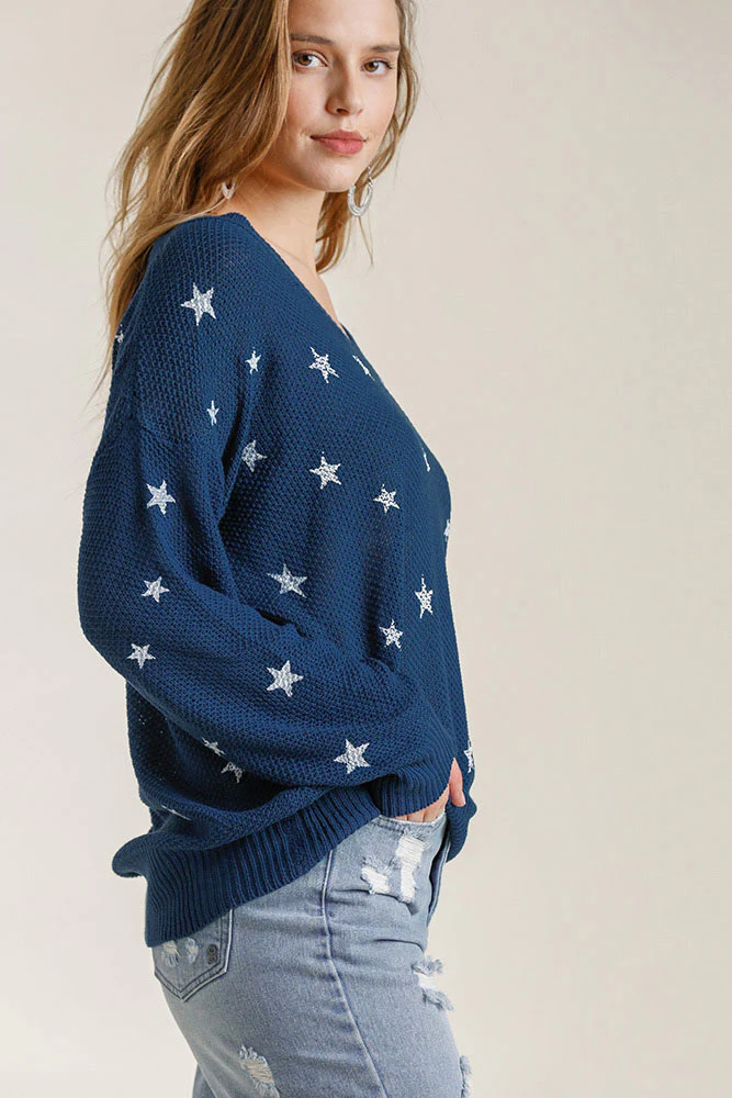 Umgee Full Size Star V-Neck Long Sleeve Sweater Plus Size - Image 3