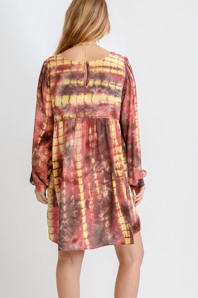 Umgee Full Size Tie Dye Long Sleeve Babydoll Dress with Keyhole Plus Size - Image 3