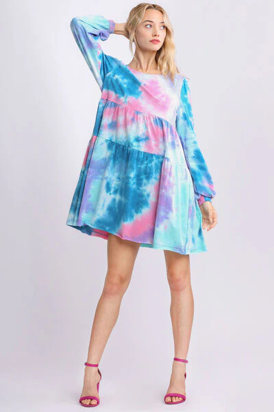 Umgee Full Size Tie Dye Round Neck Long Sleeve Babydoll Tiered Dress Plus Size - Image 2