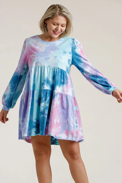 Umgee Full Size Tie Dye Round Neck Long Sleeve Babydoll Tiered Dress Plus Size - Image 3