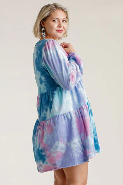 Umgee Full Size Tie Dye Round Neck Long Sleeve Babydoll Tiered Dress Plus Size - Image 4
