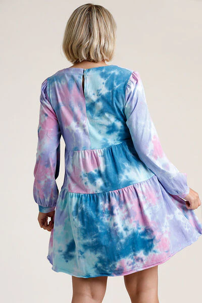 Umgee Full Size Tie Dye Round Neck Long Sleeve Babydoll Tiered Dress Plus Size - Image 5