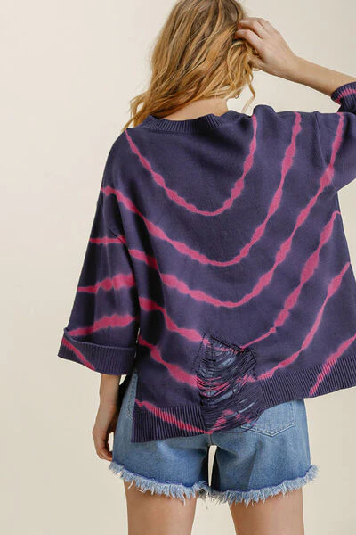 Umgee Full Size Tie Dye Side Slit Round Neck Distressed Detail Sweater Plus Size - Image 3