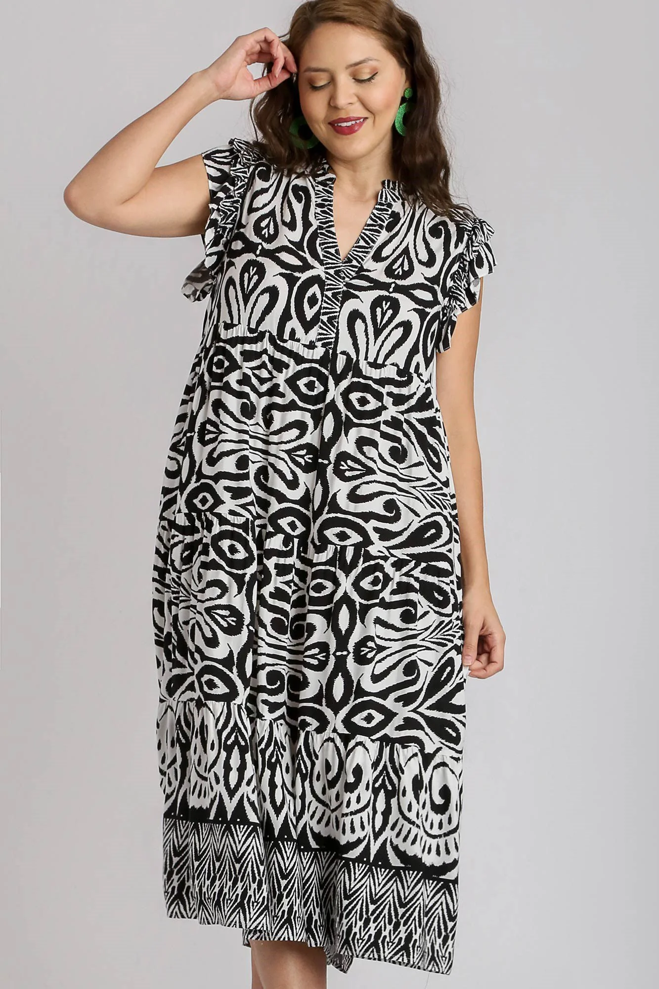 Umgee Full Size Two Tone Border Print Ruffle Cap Sleeve Midi Dress Plus Size - Image 5