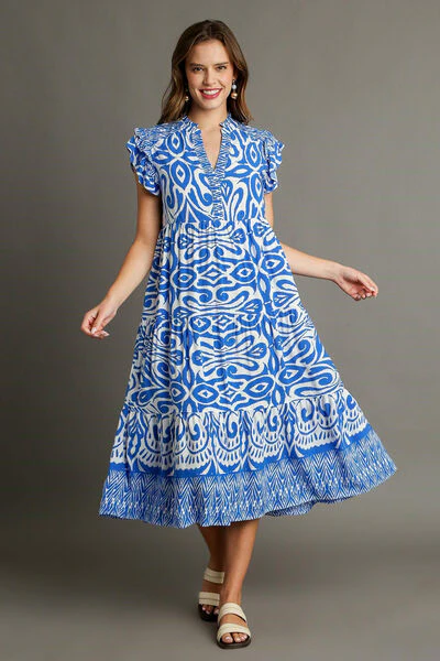 Umgee Full Size Two Tone Border Print Ruffle Cap Sleeve Midi Dress Plus Size - Image 2