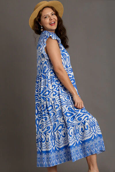 Umgee Full Size Two Tone Border Print Ruffle Cap Sleeve Midi Dress Plus Size - Image 6