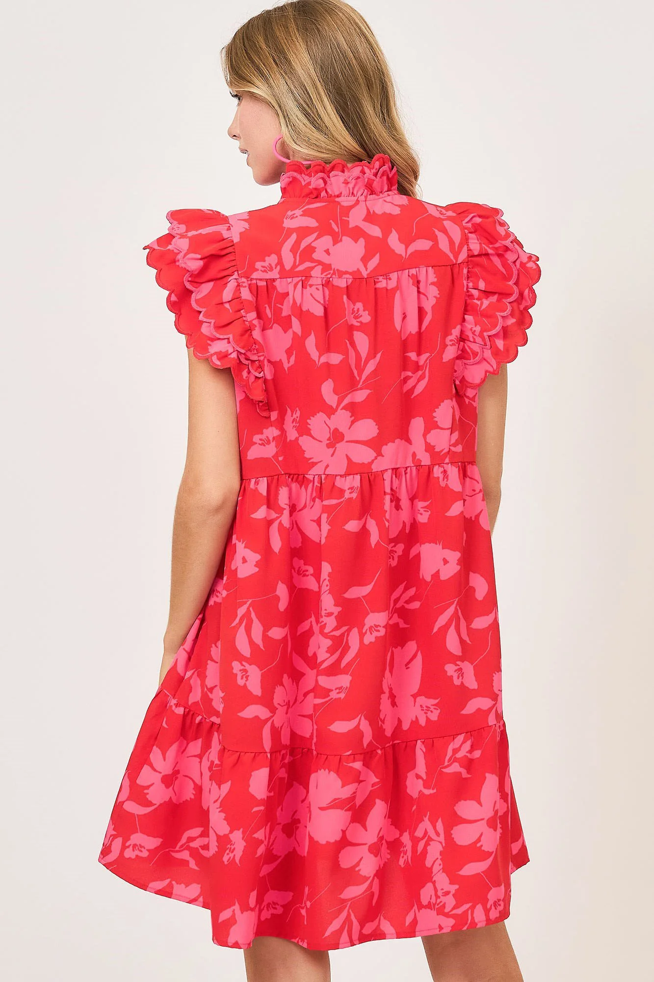 Umgee Full Size Two Tone Floral Print Ruffle Cap Sleeve Mini Dress Plus Size - Image 2