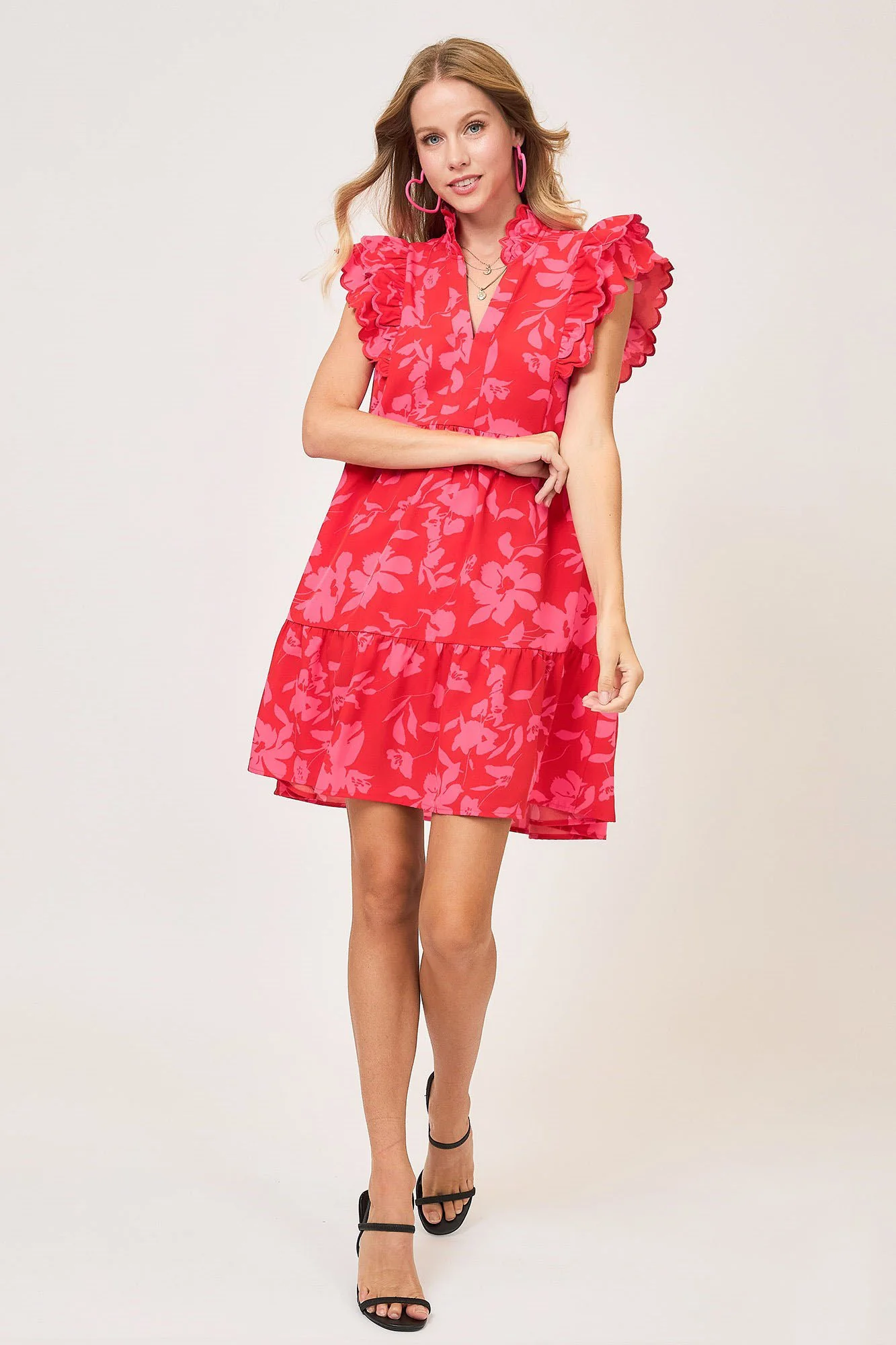 Umgee Full Size Two Tone Floral Print Ruffle Cap Sleeve Mini Dress Plus Size - Image 3