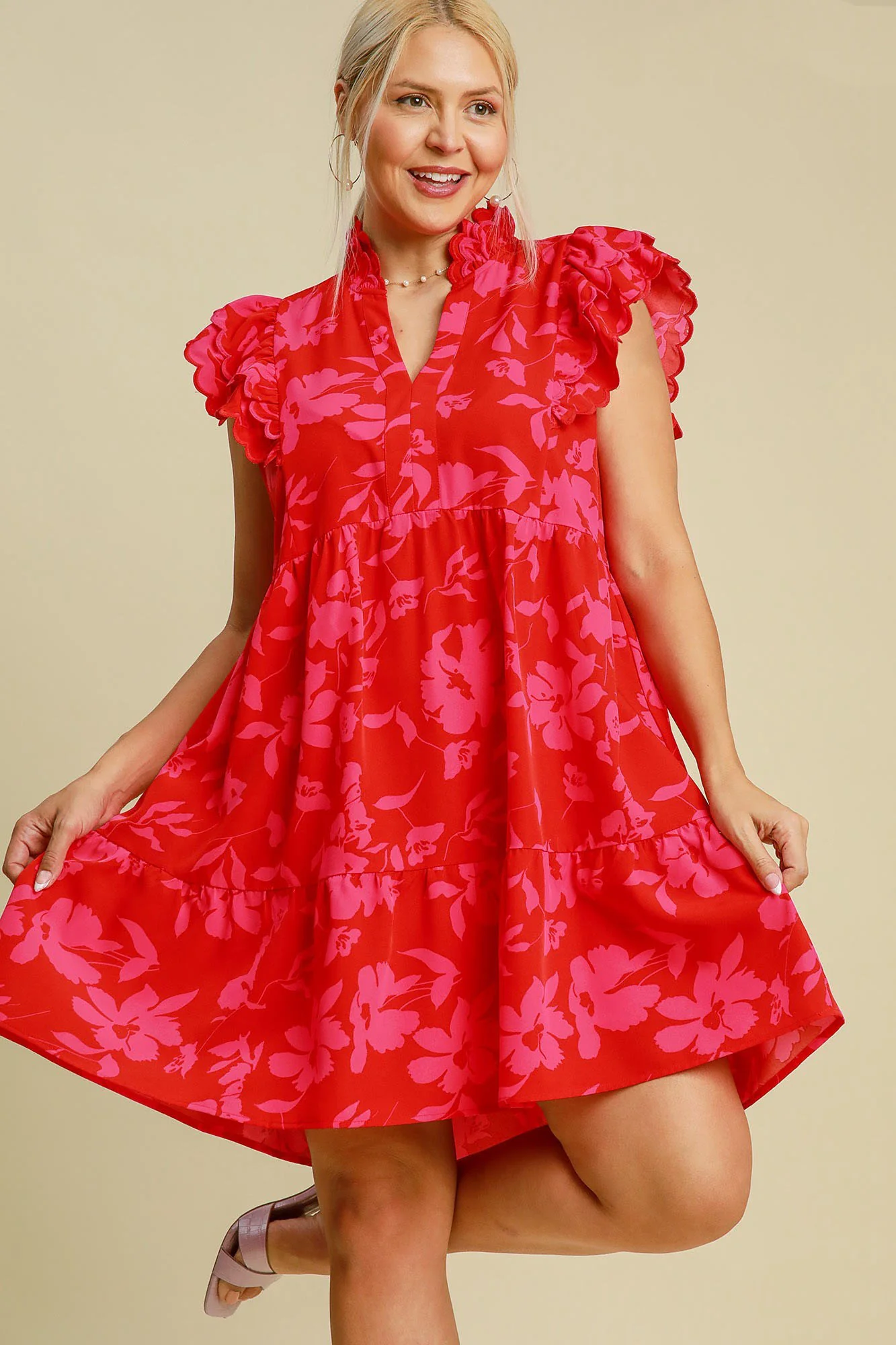 Umgee Full Size Two Tone Floral Print Ruffle Cap Sleeve Mini Dress Plus Size - Image 5