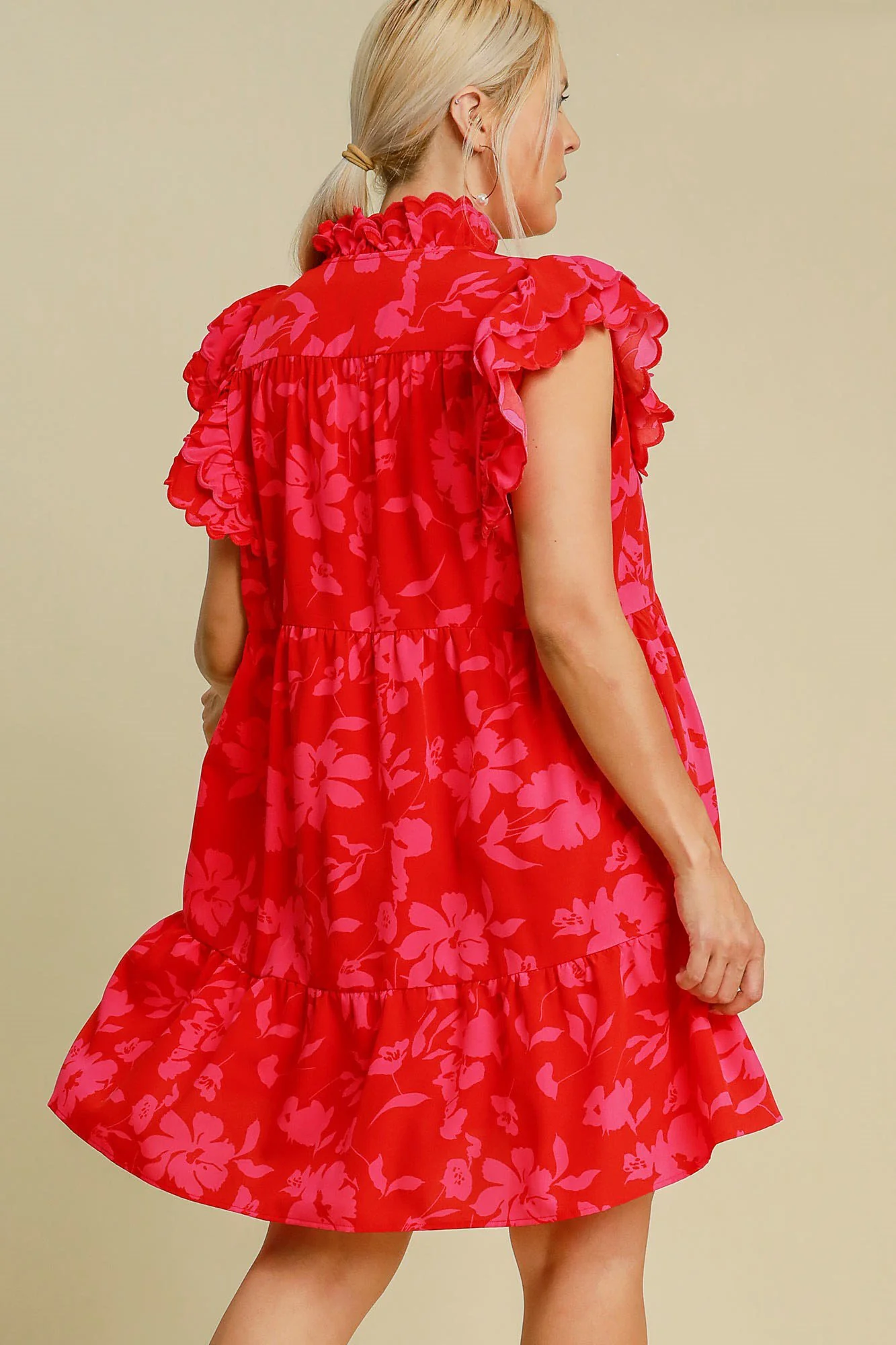 Umgee Full Size Two Tone Floral Print Ruffle Cap Sleeve Mini Dress Plus Size - Image 6