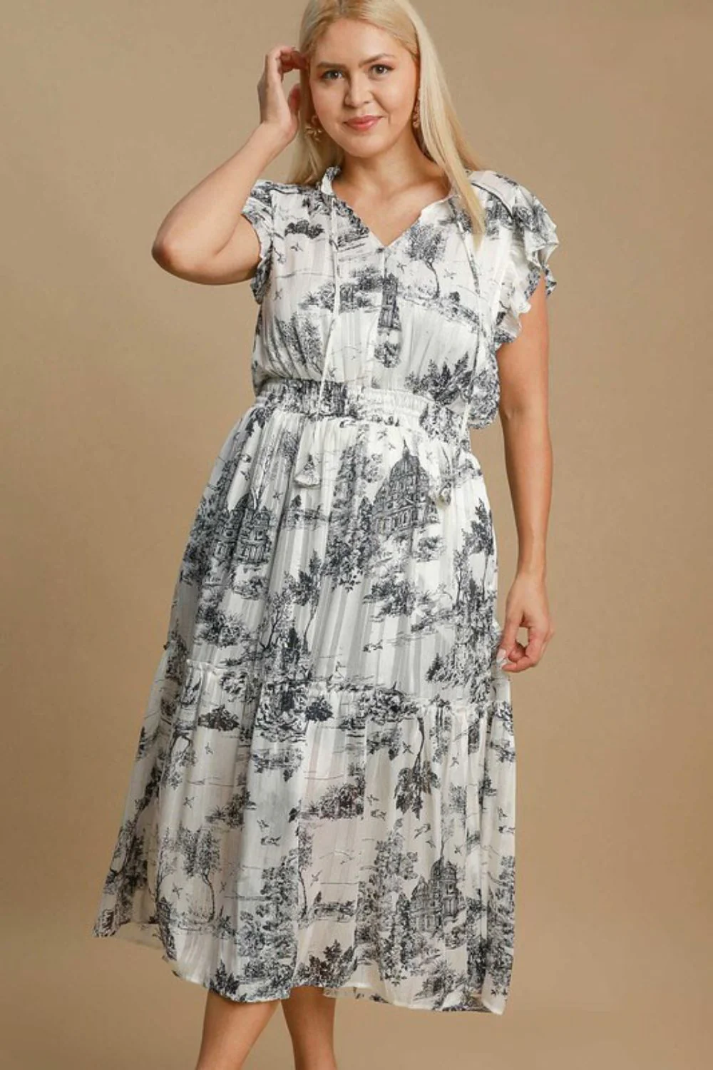 Umgee Full Size Two Tone Landscape Print Midi Dress Plus Size - Image 2