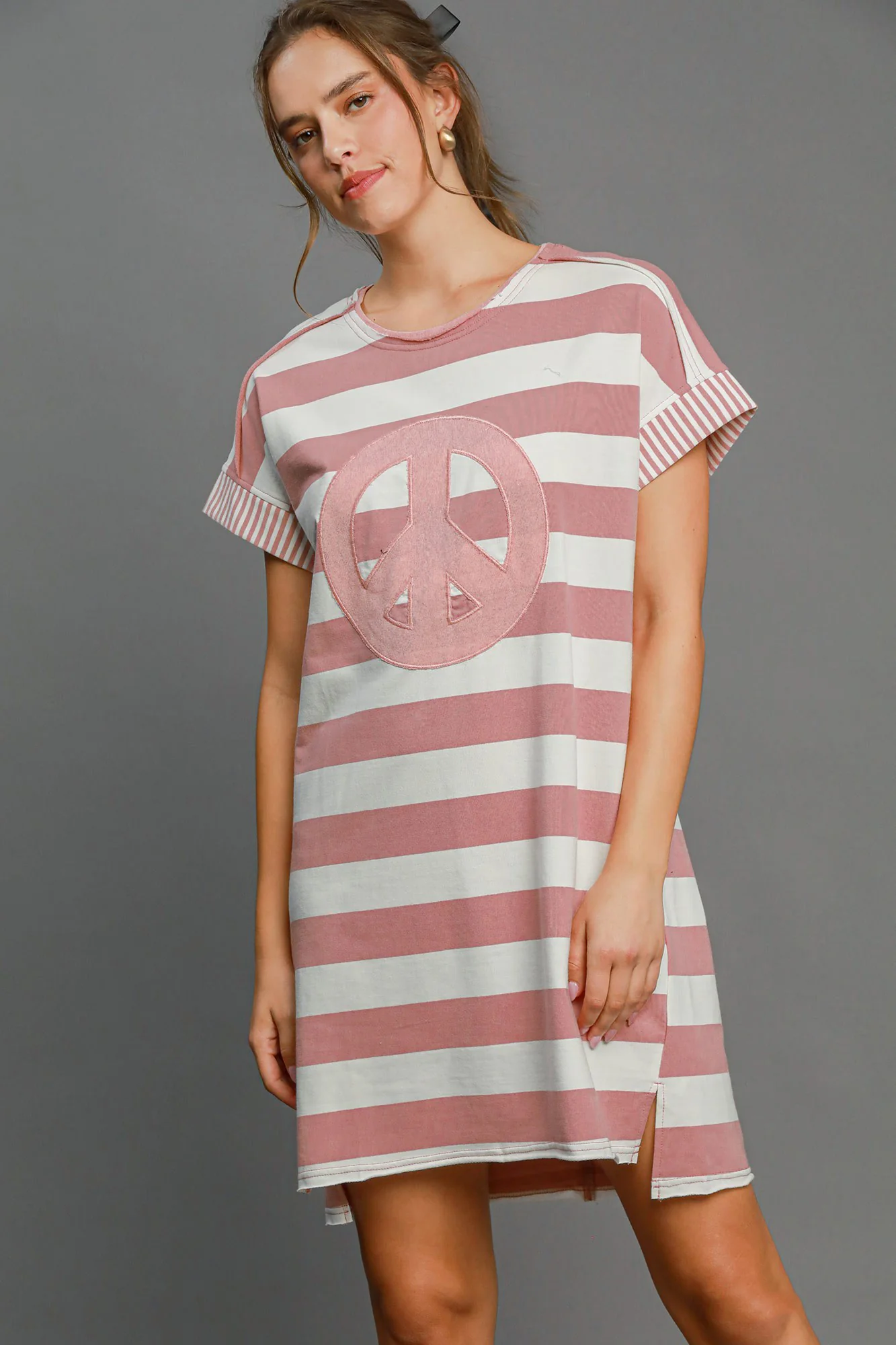 Umgee Peace Applique Striped Short Sleeve Mini Dress - Image 4
