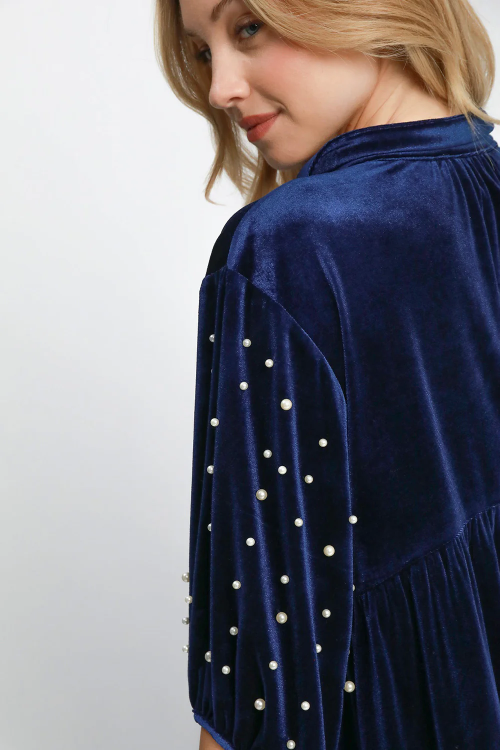 Umgee Pearl Detail Collared Neck Velvet Babydoll Blouse - Image 3