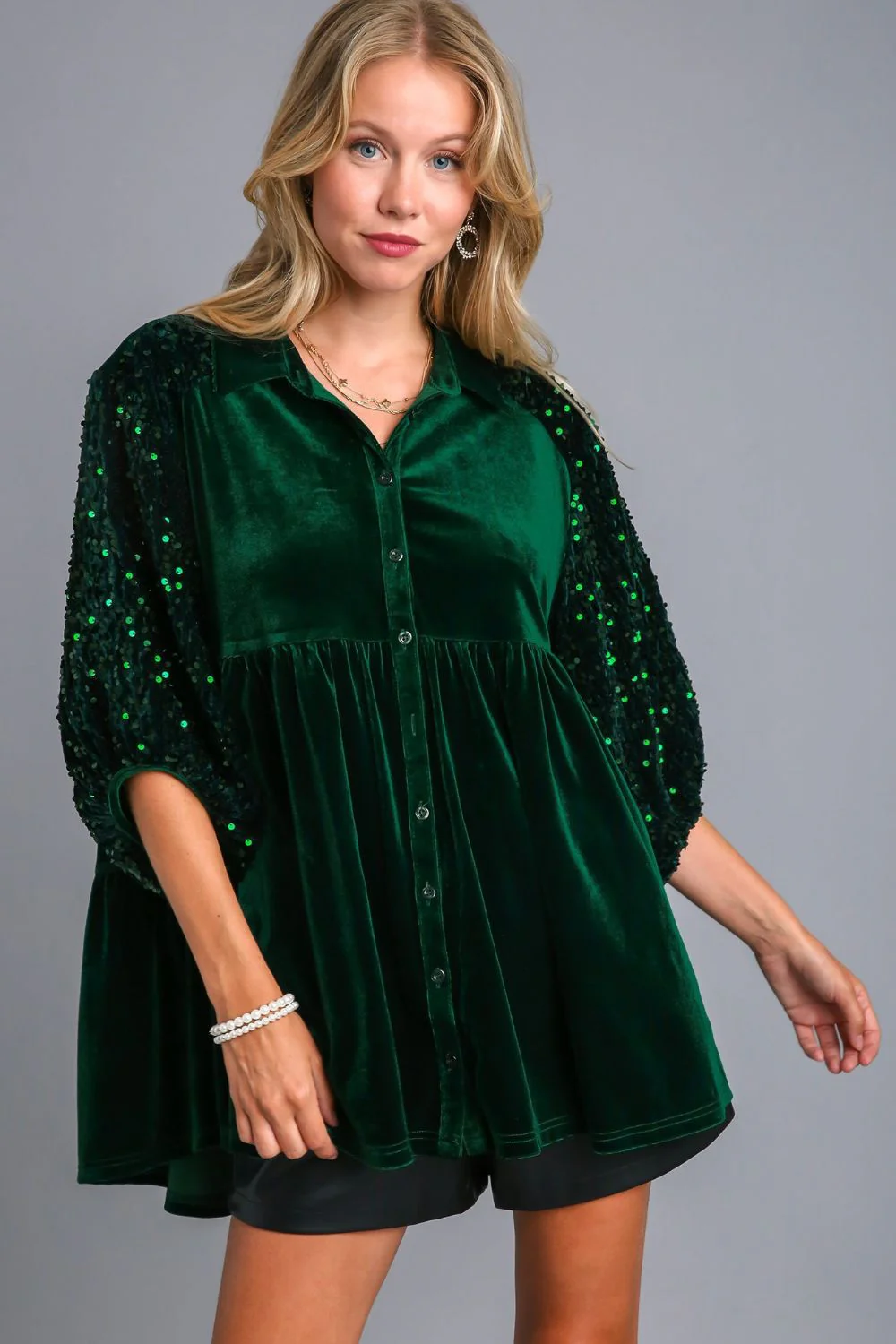 Umgee Sequin Detail Tiered Back Half Sleeve Shirt - Image 4
