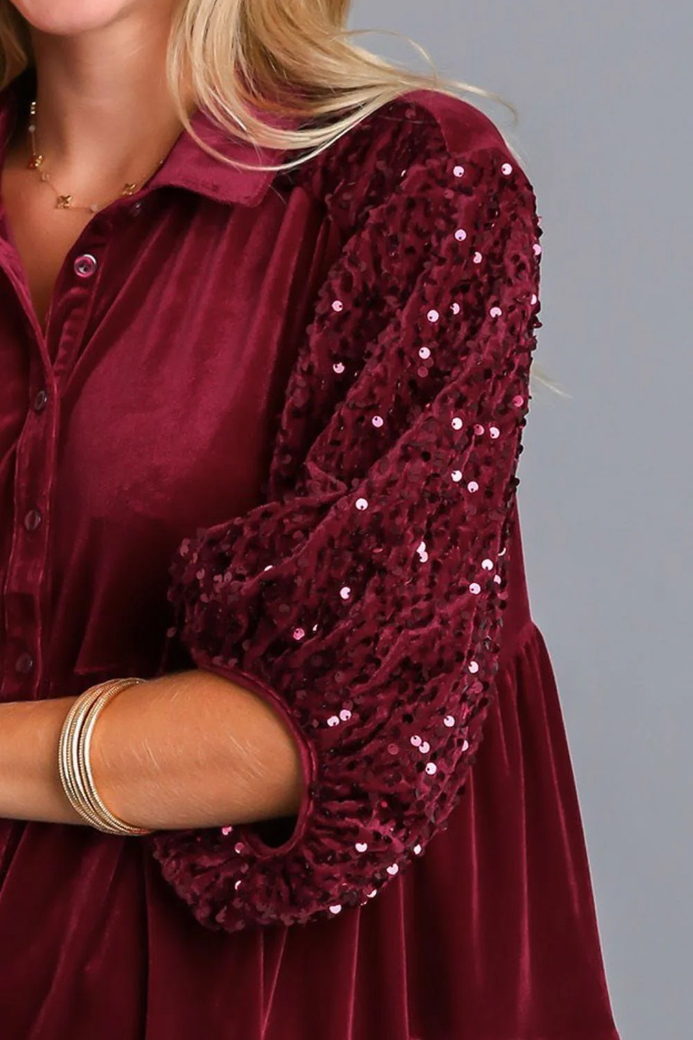 Umgee Sequin Detail Tiered Back Half Sleeve Shirt - Image 3