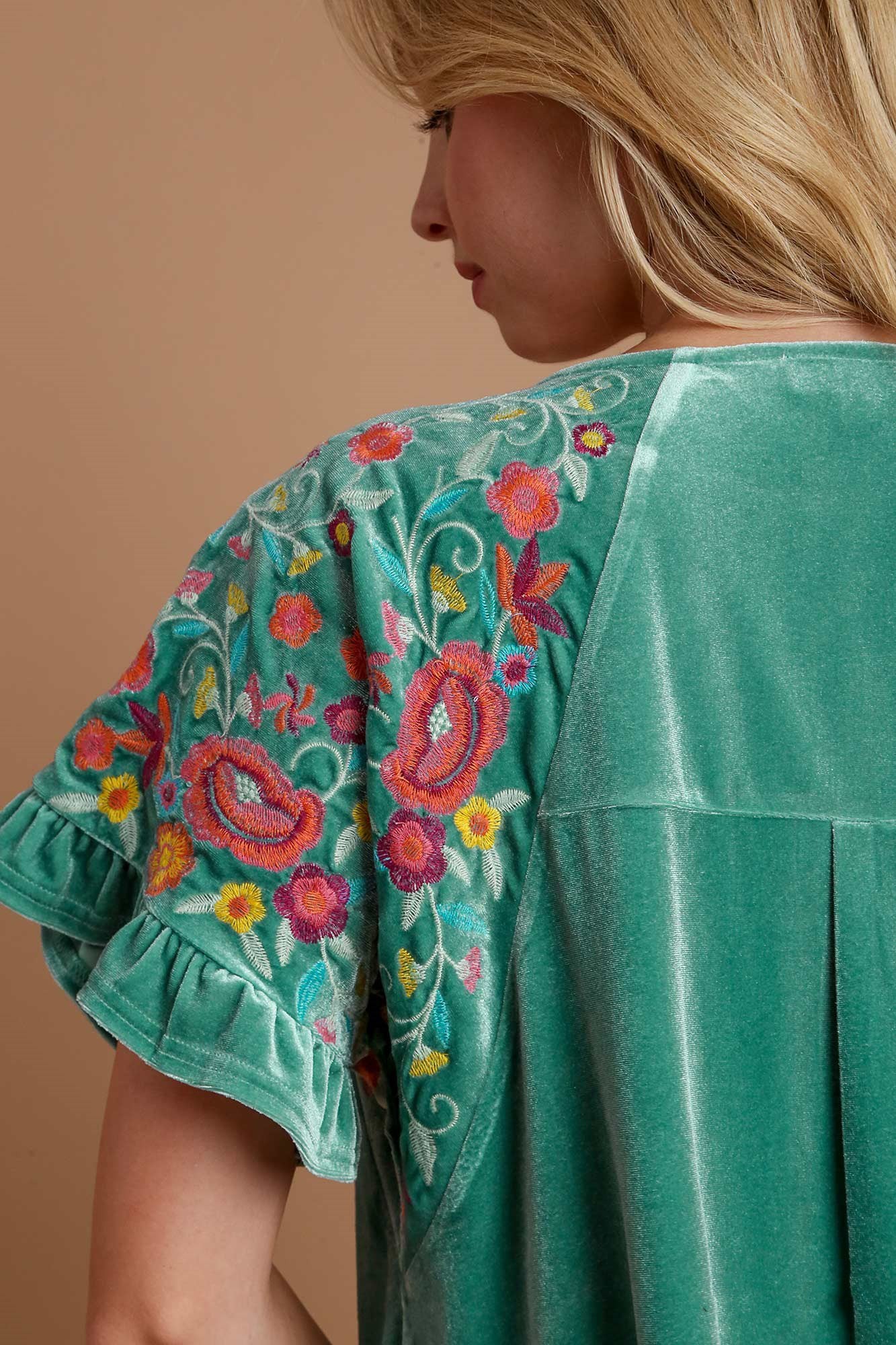 Umgee Velvet Embroidery Short Sleeve Blouse - Image 2