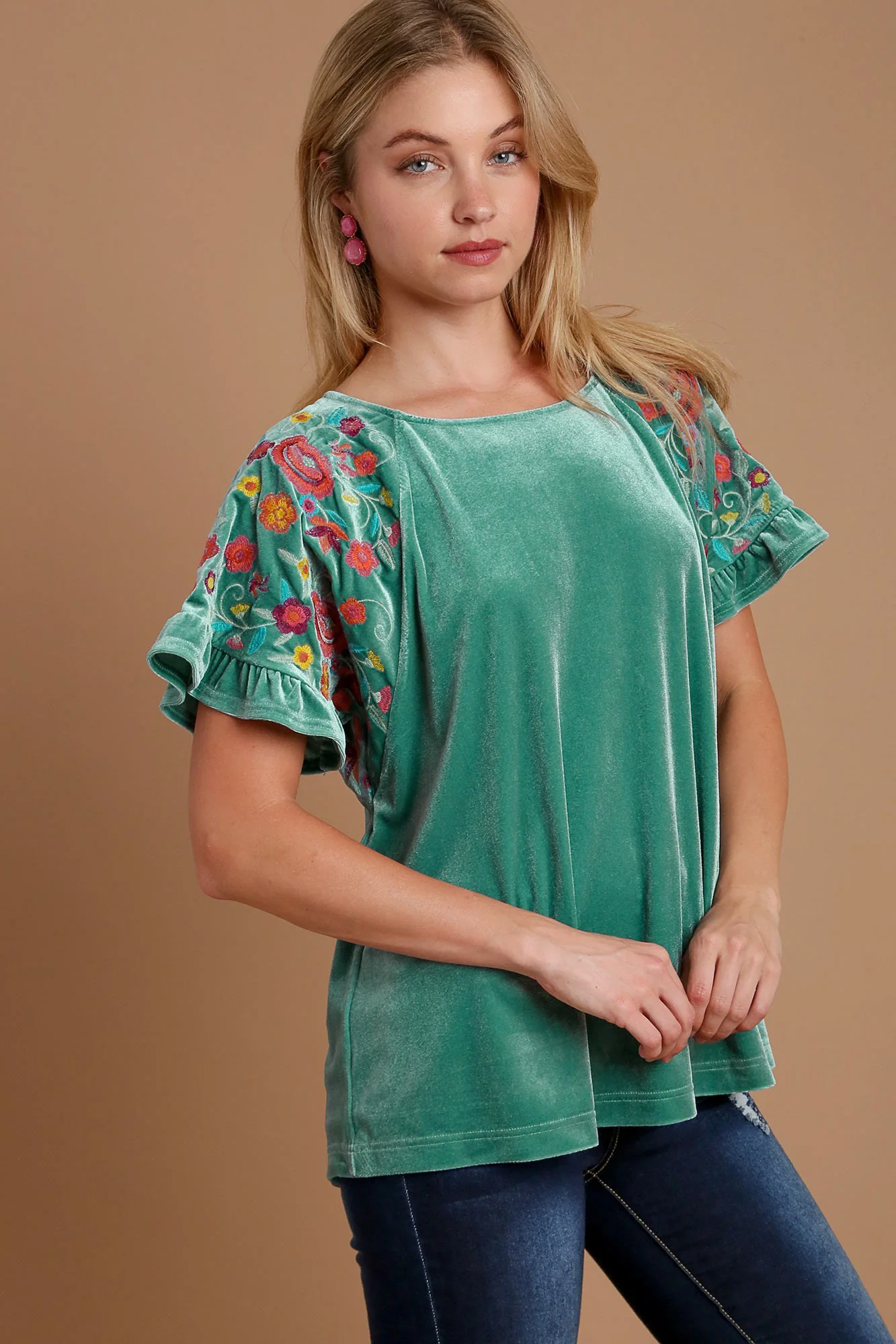 Umgee Velvet Embroidery Short Sleeve Blouse - Image 3