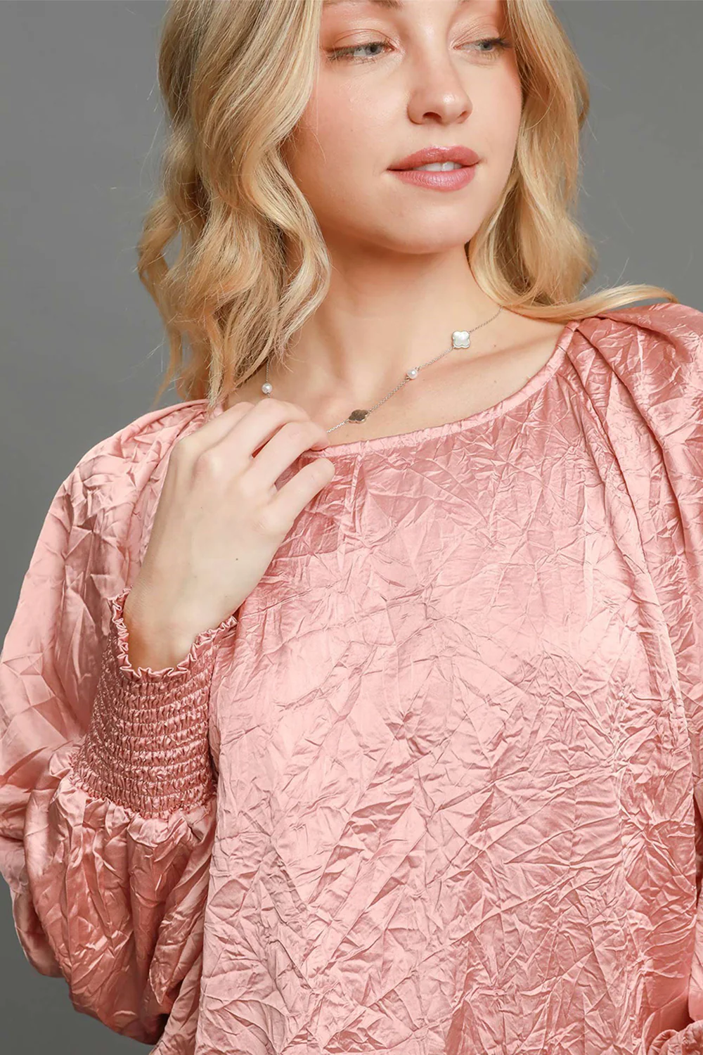 Umgee Wrinkled Round Neck Lantern Sleeve Blouse - Image 6