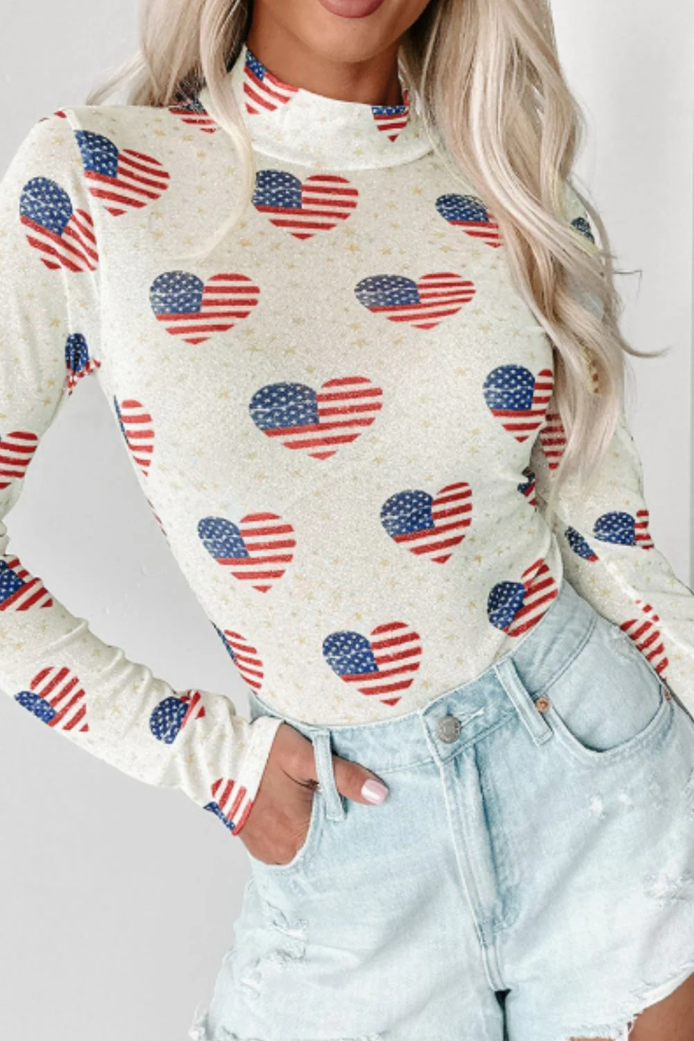 US Flag Heart Mock Neck Long Sleeve Bodysuit - Image 2