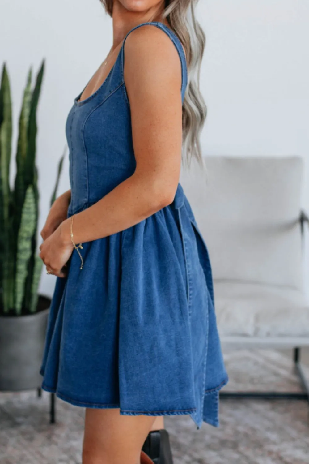 V-Back Bow Tie Denim Skater Dress - Image 7