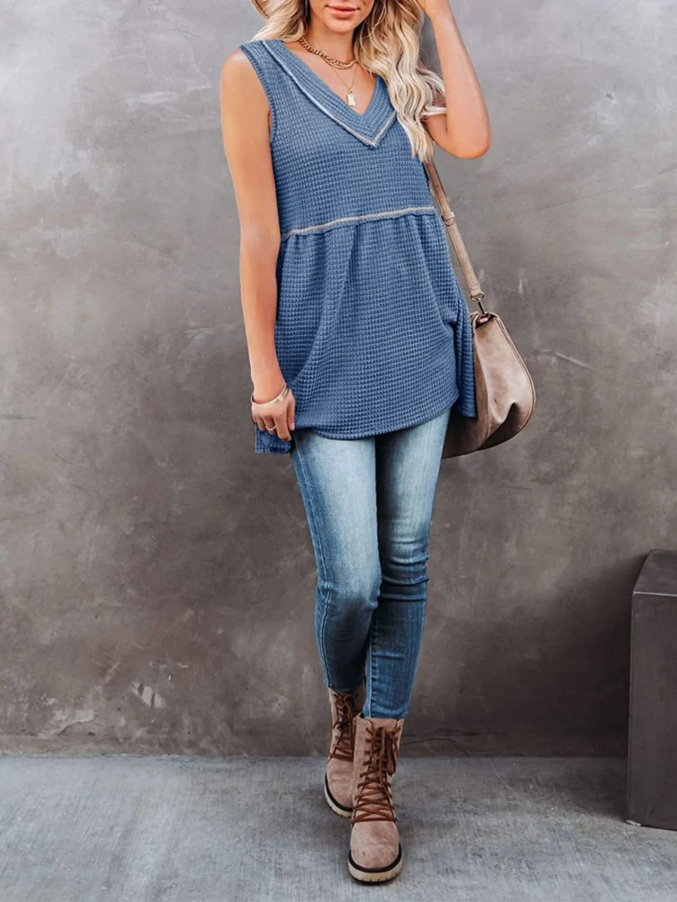 V-Neck Contrast Trim Waffle Knit Tank Top - Image 16
