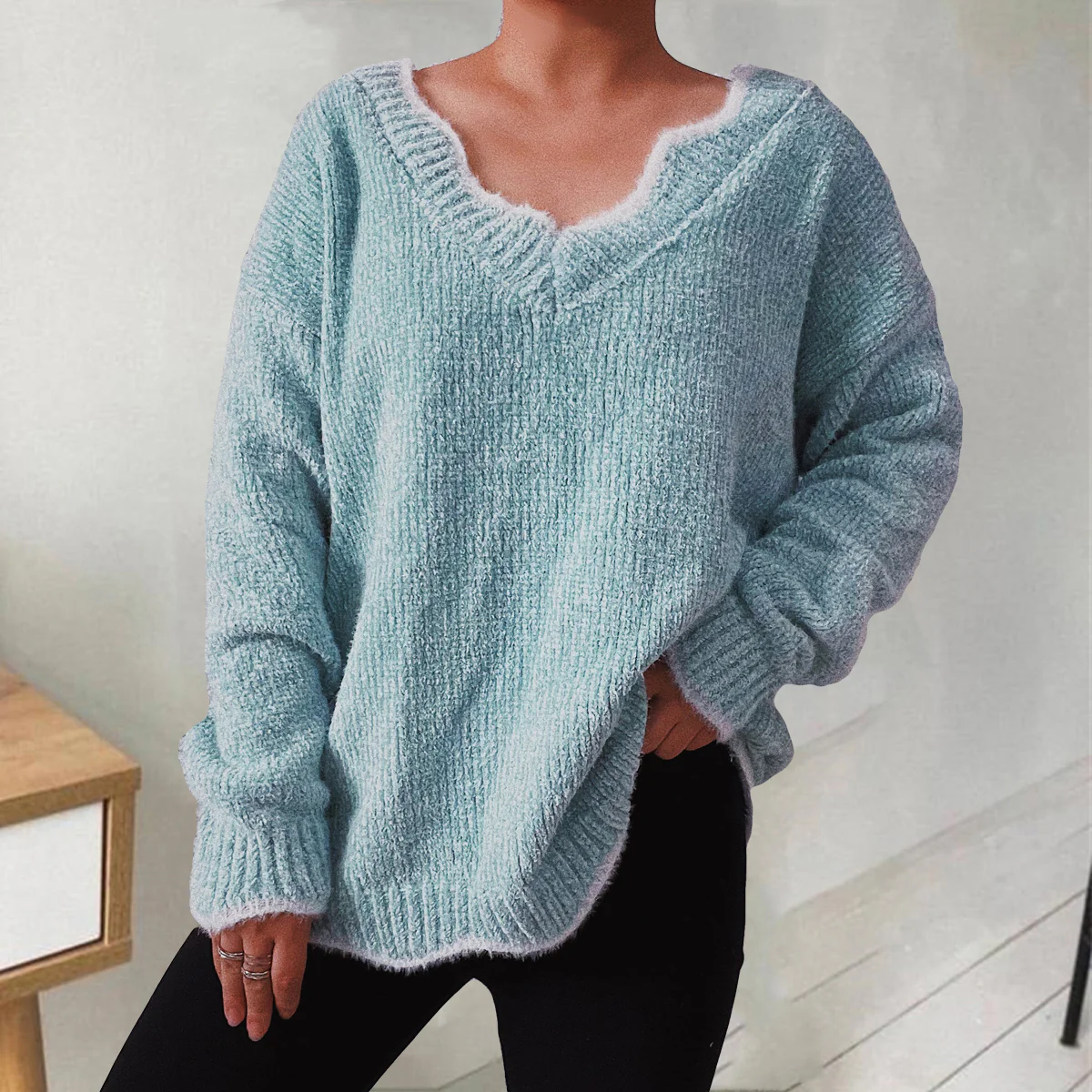 V-Neck Drop Shoulder Long Sleeve Sweater - Image 4