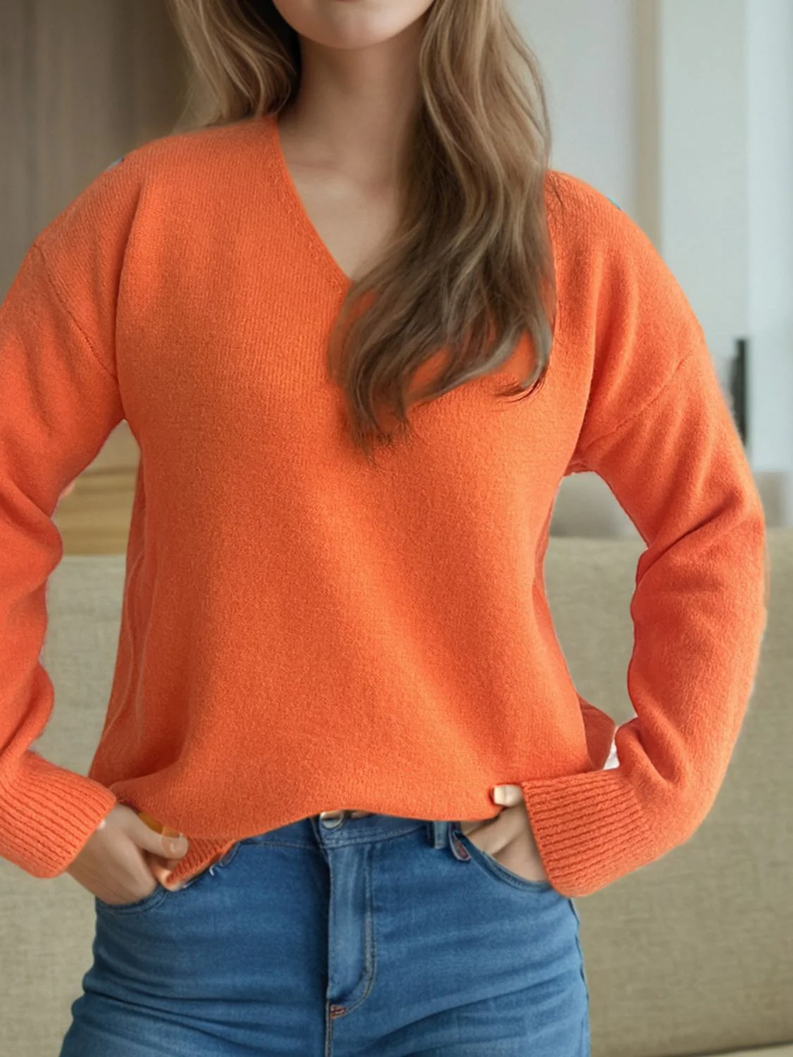 V-Neck Dropped Shoulder Long Sleeve Sweater - Image 16