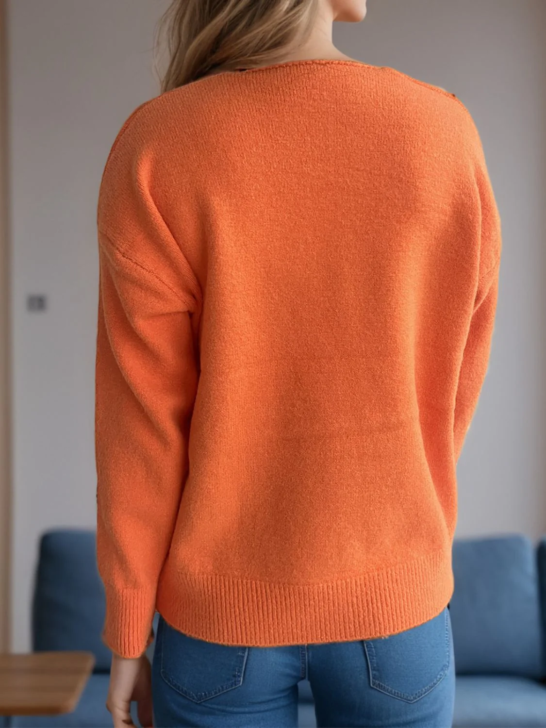 V-Neck Dropped Shoulder Long Sleeve Sweater - Image 19