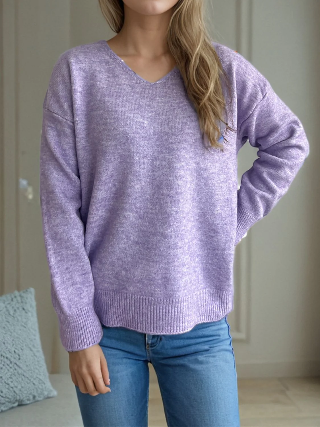 V-Neck Dropped Shoulder Long Sleeve Sweater - Image 20