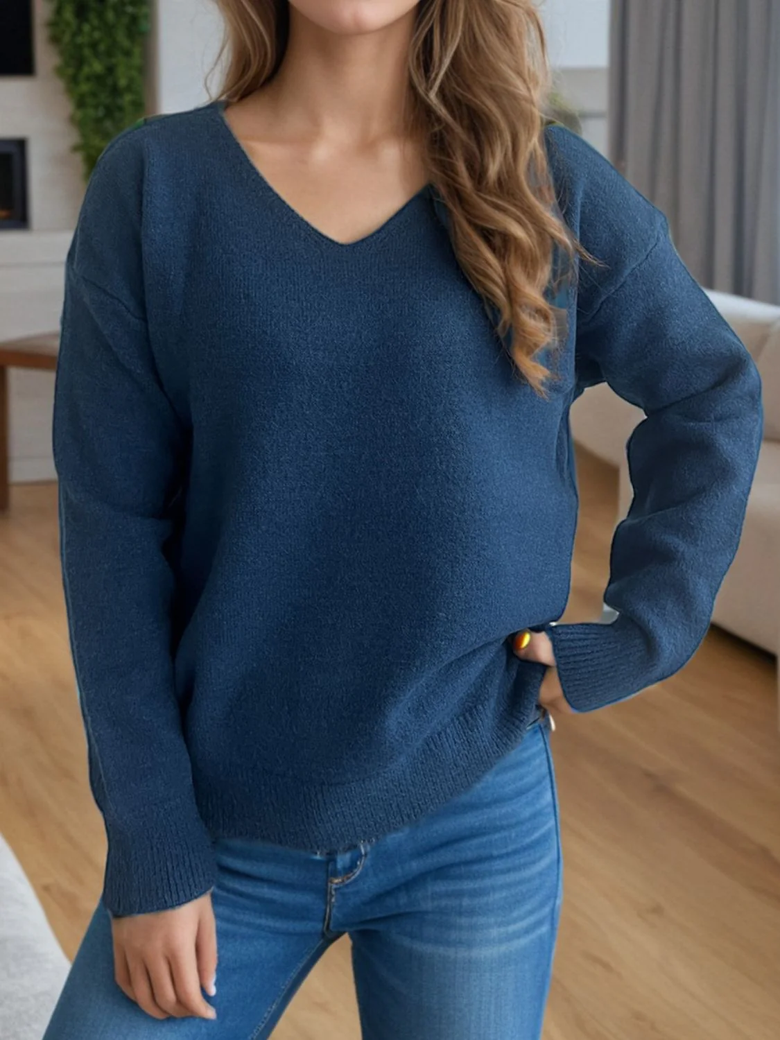 V-Neck Dropped Shoulder Long Sleeve Sweater - Image 5