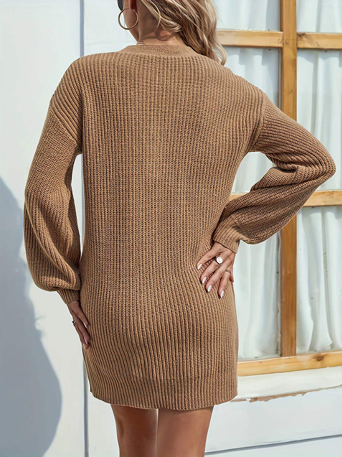 V-Neck Dropped Shoulder Mini Sweater Dress - Image 3
