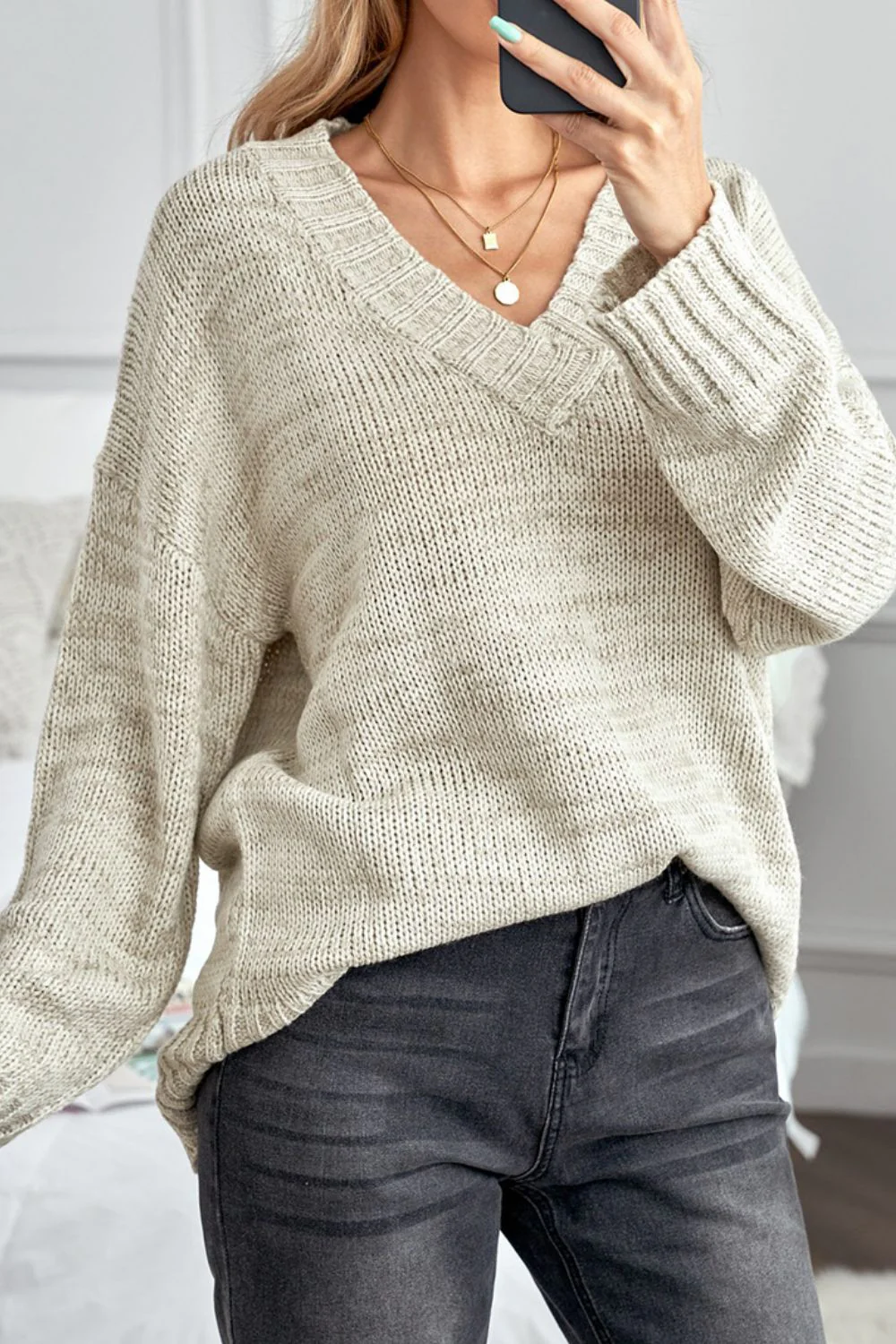V-Neck Dropped Shoulder Sweater - Image 10