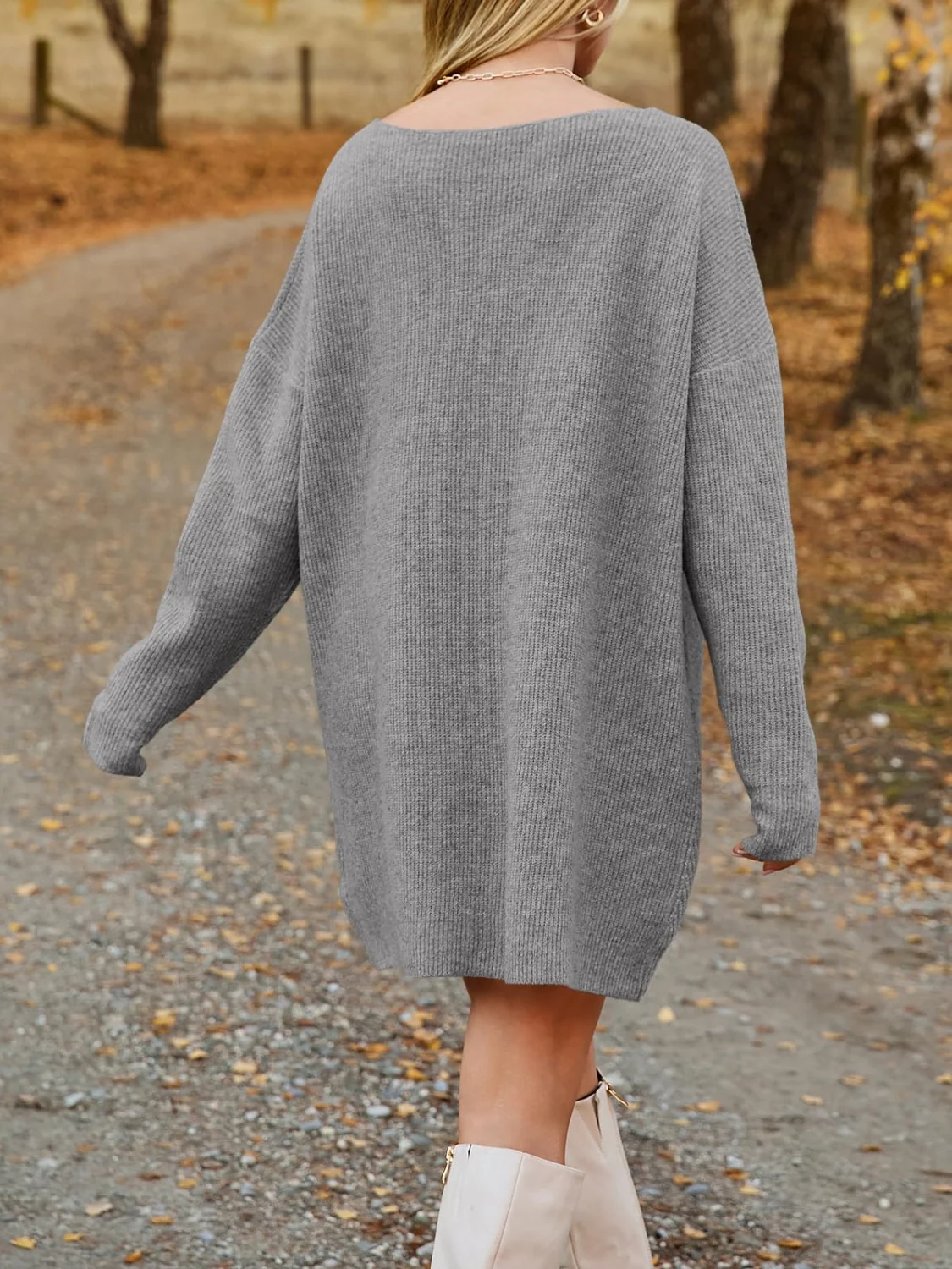 V-Neck Dropped Shoulder Sweater Dress - Image 20
