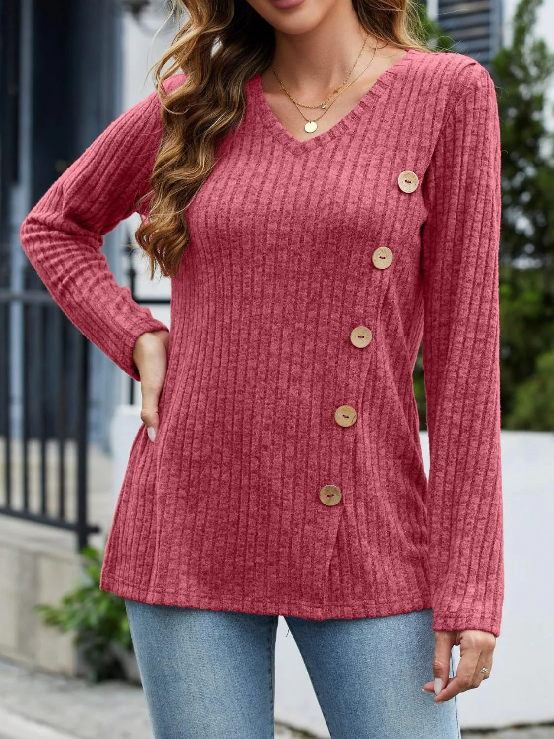 V-Neck Long Sleeve T-Shirt - Image 14