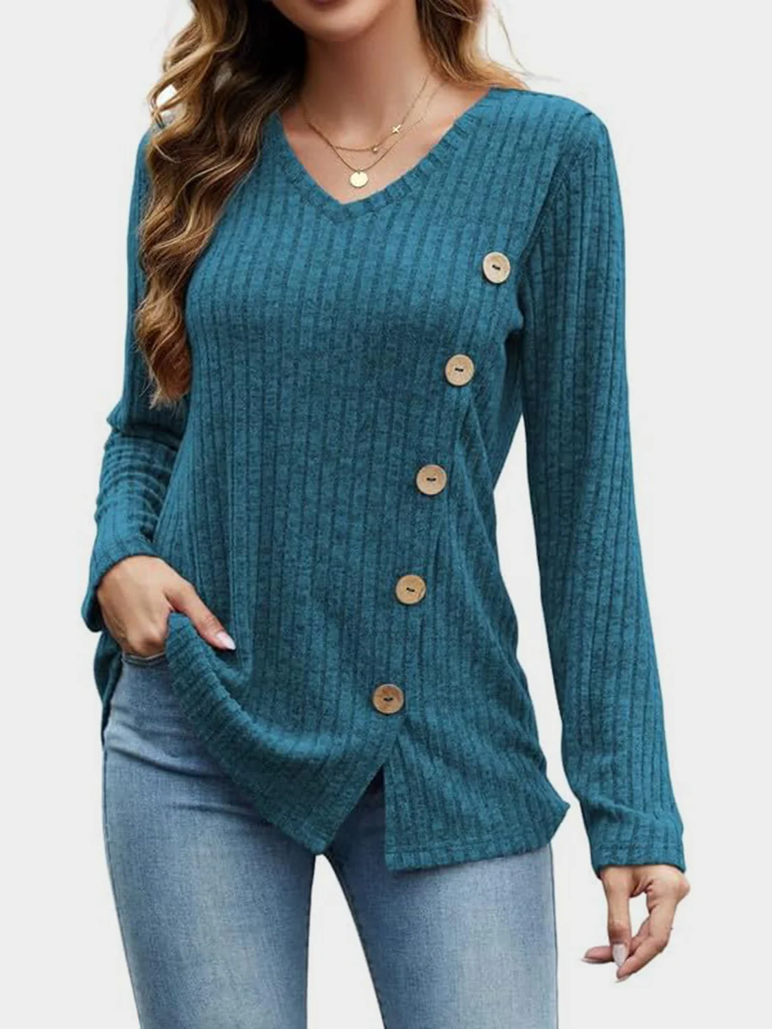 V-Neck Long Sleeve T-Shirt - Image 20