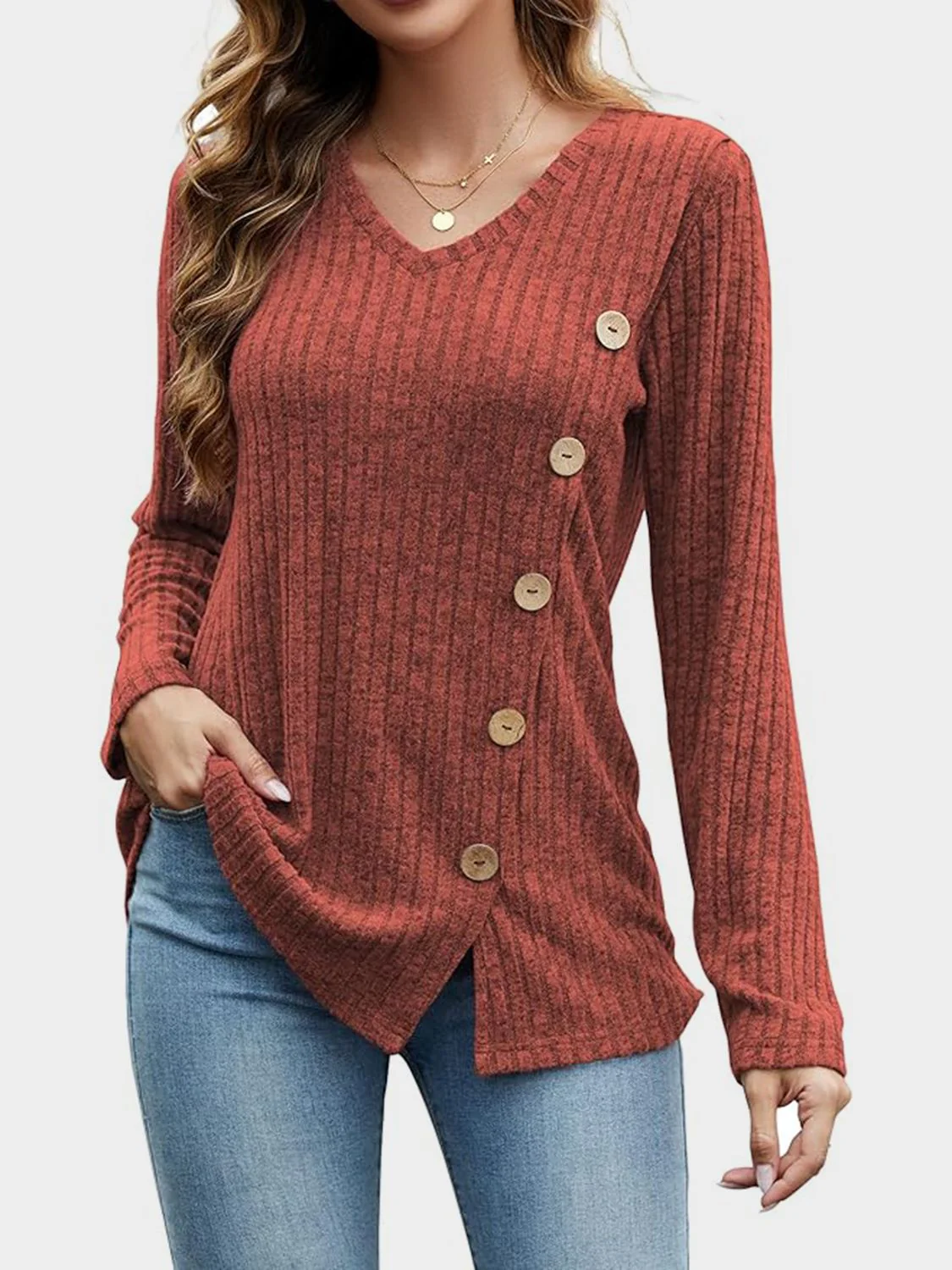 V-Neck Long Sleeve T-Shirt - Image 27