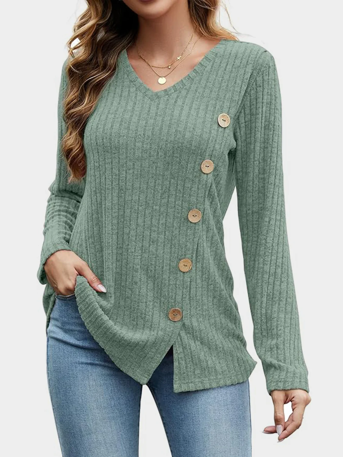 V-Neck Long Sleeve T-Shirt - Image 30