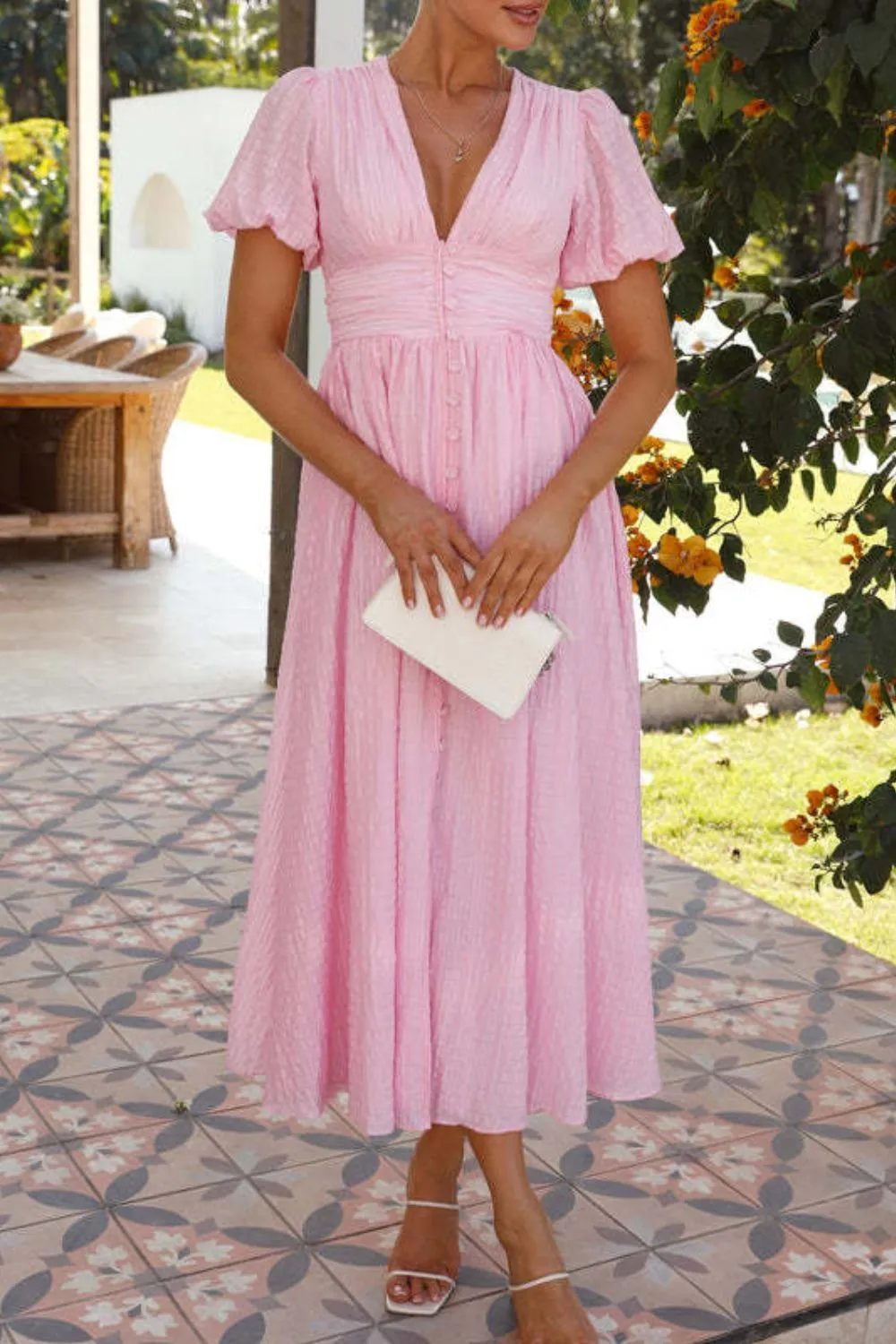 V-Neck Puff Short Sleeve Midi Dress - Image 18