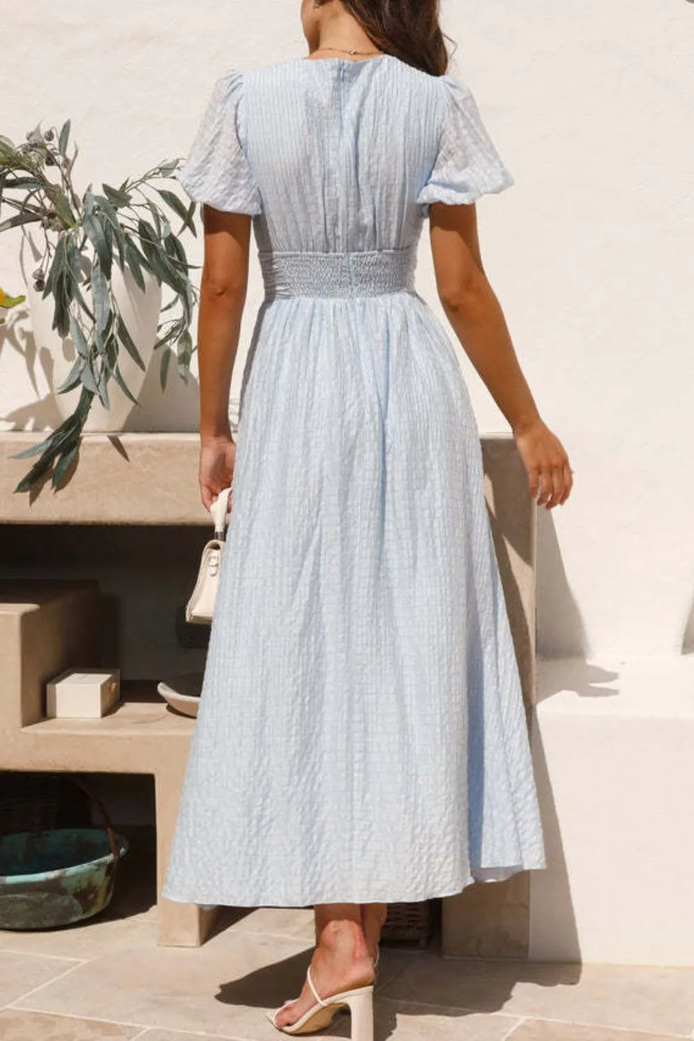 V-Neck Puff Short Sleeve Midi Dress - Image 2