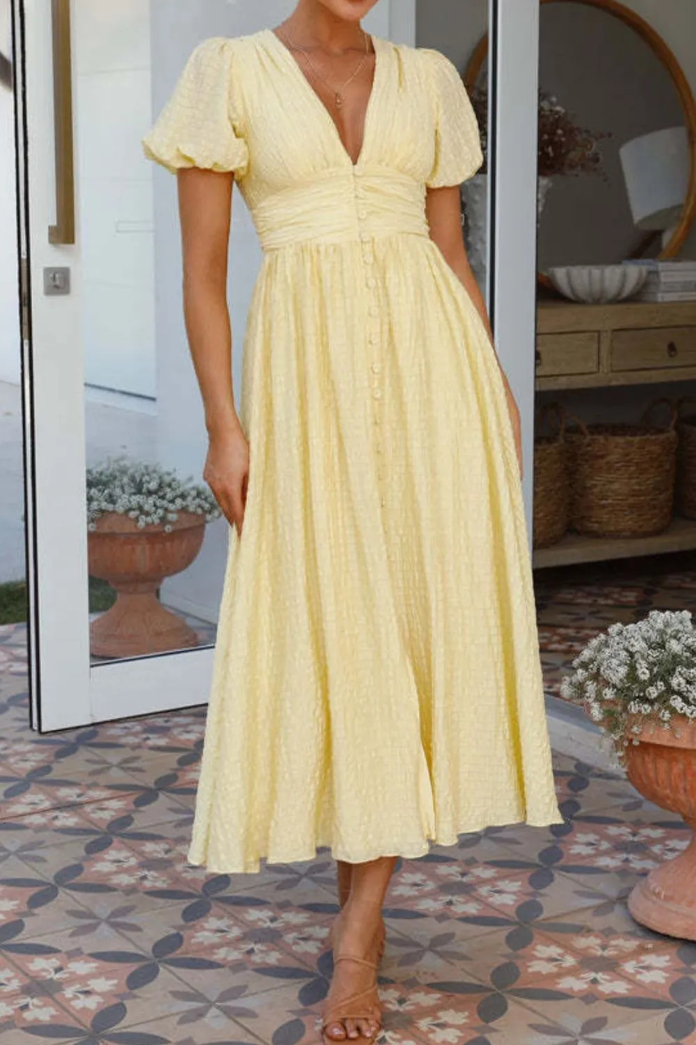 V-Neck Puff Short Sleeve Midi Dress - Image 7