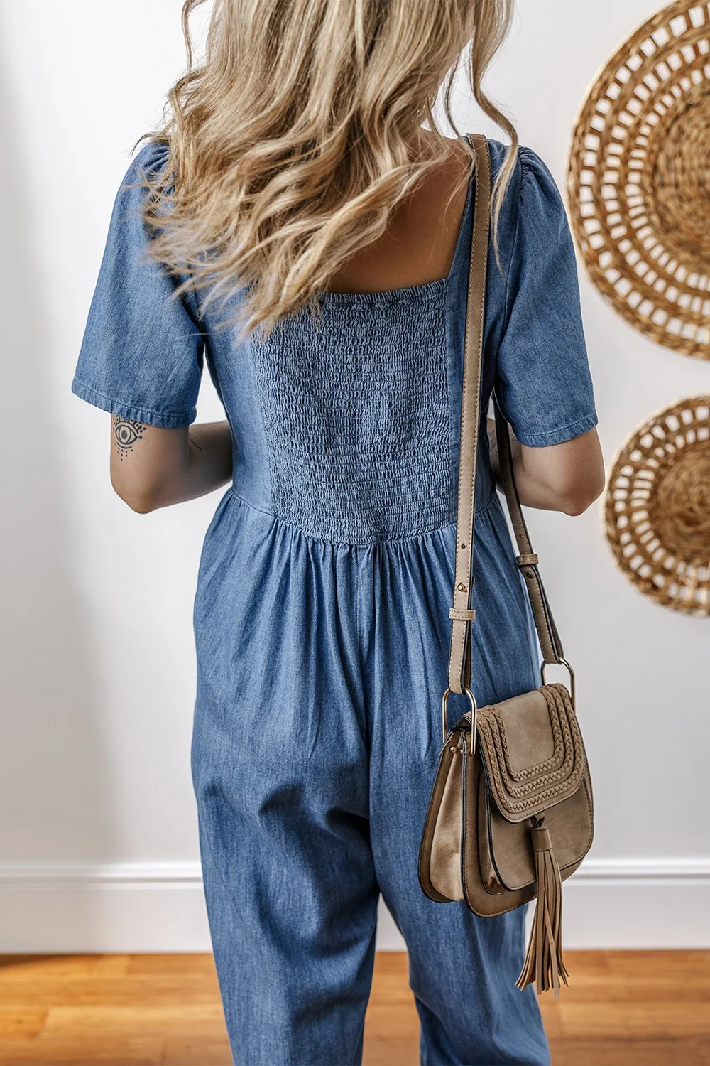 V Neck Short Sleeve Smocked Back Denim Jumpsuit - Image 4