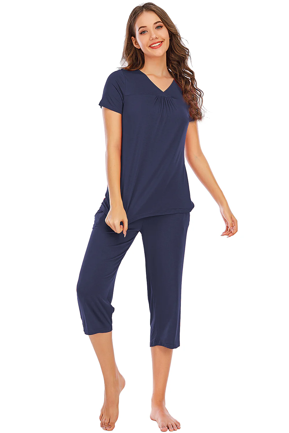 V-Neck Short Sleeve Top and Pants Lounge Set - Image 3