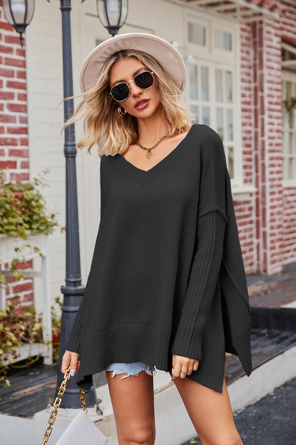 V-Neck Slit Exposed Seam Sweater - Image 6