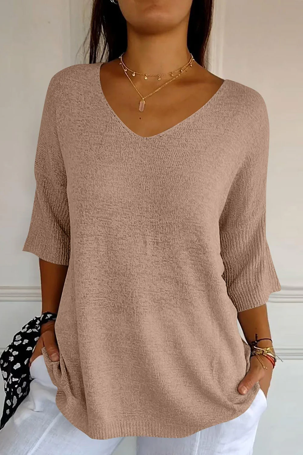 V-Neck Three-Quarter Sleeve Knit Top - Image 4